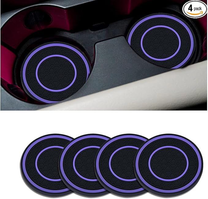 4 Pack Car Coasters for Cup Holder, 2.75 Inch Universal Auto Waterproof Coasters Silicon Insulation Cup Mats,No-Slip Anti Dust Insert Coaster for Woman Man, Suit for Vehicle Interior (Black/Purple)