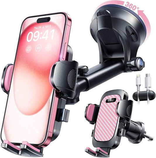 YRU True Military-Grade [360° Rotation Suction] 2026 Ultimate Car Phone Holder Mount【90+LBS Safest Strongest & Patent Certs】 Dash Windshield for iPhone 17 16 Pro Max Speakerphones, Pale Pink