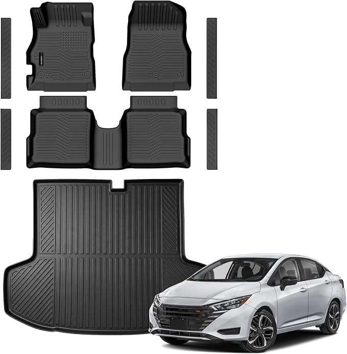 Auxko All Weather Floor Mats Cargo Mat for Nissan Versa 2020-2025 with Door Sill Protector TPE Liners All Season Accessories Guard Odorless Anti-Slip Floor Liners Trunk Tray