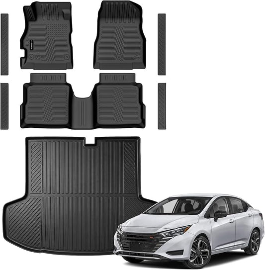 Auxko All Weather Floor Mats Cargo Mat for Nissan Versa 2020-2025 with Door Sill Protector TPE Liners All Season Accessories Guard Odorless Anti-Slip Floor Liners Trunk Tray