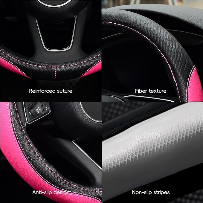 LABBYWAY Microfiber Leather Auto Car Steering Wheel Cover, Universal Fit 15 Inch Anti-Slip Wheel Protector, Pink