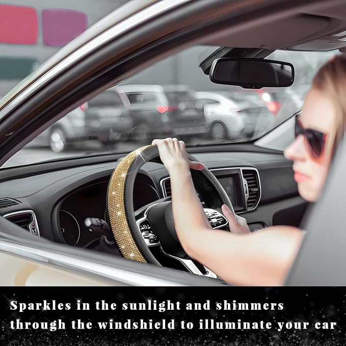 Diamond Leather Steering Wheel Cover, 15 Inch Bling Crystal Rhinestone Anti-Slip Wheel Protector, Universal Sparkling Elegant Diamond Steering Wheels Cover for Women Girl (Golden)