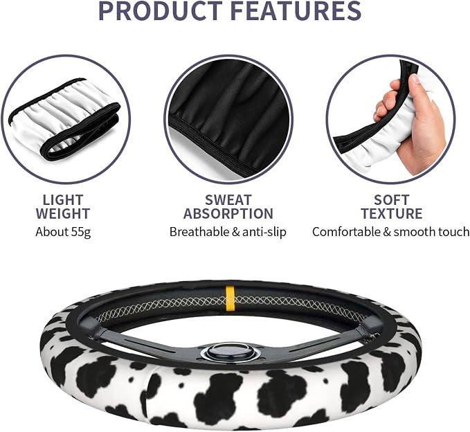 Cow Print Steering Wheel Cover - Cow Cattle Print Steering Wheel Cover Anti-Slip Breathable for 15 in Universal 2 Pcs Car Interior Cup Holder Pad for Men Women