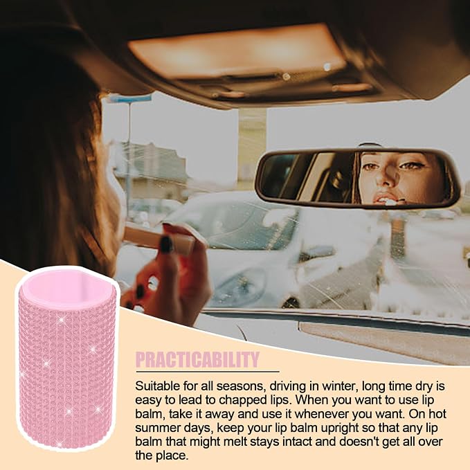 Upright Car Chapstick Holder, Bling Insulating Lip Balm Holder,Rhinestone Car Accessories for Women Interior ,Suitable for Most Vehicles. (Pink)