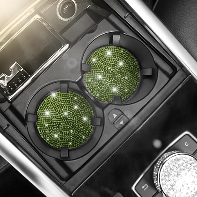 Osilly Bling Car Cup Holder Coaster, 2 Pack Crystal Rhinestone Anti-Slip Insert Coasters, Universal 2.75 Inch Fashion Automotive Cup Mat, Car Interior Accessories Decor Gifts for Women (Yellow/Green