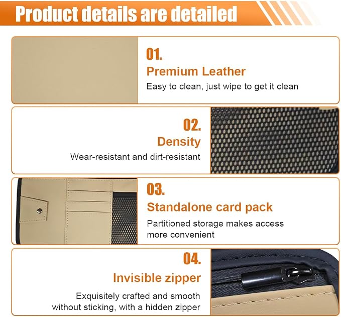 Car Sun Visor Organizer, PU Leather Automotive Visor Storage Pouch Holder with Multi-Pocket, Vehicle Interior Organizer Accessories for Sunglasses, Pen, Key, Phone, Cards, License(Beige)