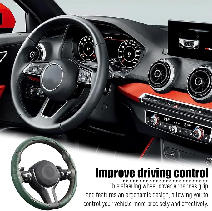 3PCS Car Steering Wheel Cover, 14.5-15" Breathable Nappa Leather Segmented Steering Wheel Protector with Non-Slip Grip, Stylish Auto Interior Decor Accessories, Universal for Vehicles (Green)