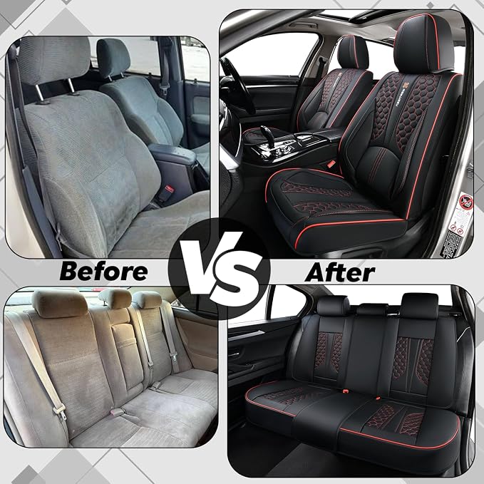 Black and Red Leather Car Seat Cover Set, with Lumbar Support | OEM-Inspired Interior Upgrade