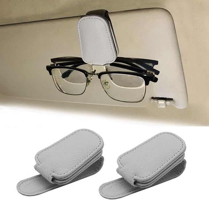 2 Pack Leather Car Visor Sunglass Holder, Magnetic Leather Glasses Eyeglass Hanger Clip for Car, Sunglass Clip Glasses Holder for Car Visor (Gray) | Leather Glasses Eyeglass Hanger Clip for Car, Sunglass Clip Glasses Holder for Car Visor