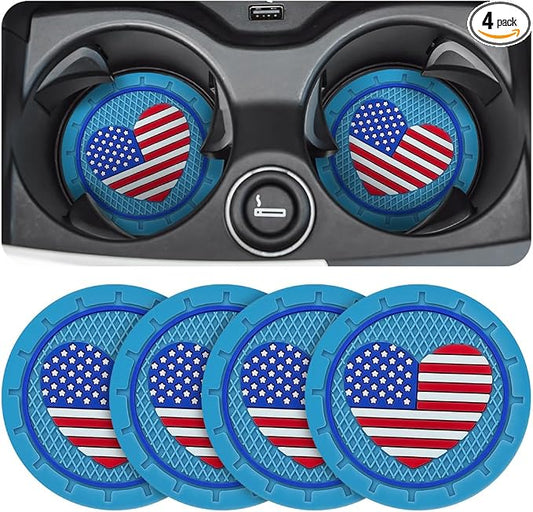 AUCELI 4 Pack Car Cup Holder Coasters, Colored American Flag US Flag Insert Car Cup Coaster, 2.75 Inch Anti Slip Shockproof Embedded Drink Mat, Vehicle Interior Decor Accessories