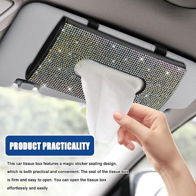 Bling Car Sun Visor Tissue Box Holder, Visor Accessories, Rhinestone PU Leather Crystal Sparkling Napkin Holder, Auto Sun Visor Paper Towel Cover Case Accessories for Most Cars (Colorful)