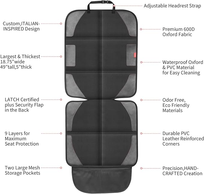 Car Seat Protector with Thickest Padding,Waterproof 600D with Storage Pockets,Non-Slip Pets Fabric Child Baby Cover Leather Reinforced Vehicle Seat 1 Pack (Black)