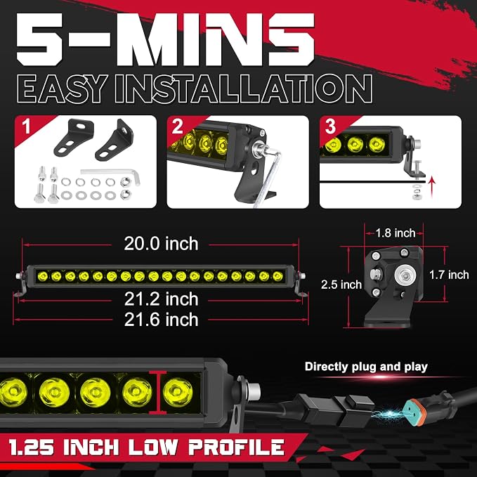 OFFROADTOWN 20inch 180W LED Light Bar Amber Single Row Fog Lights Off Road Driving Lights Yellow Slim Spot Bumper Grille Bars with Wiring Harness for Truck Pickup UTV ATV Jeep Toyota RZR