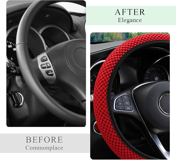 Yourkar Elastic Steering Wheel Cover, 15"×15" Comfy Breathable Stretch Steering Wheel Protector, Ice-Silk Cloth Polyester Steering Wheel Cover for Men Women, Car Accessories (Red)