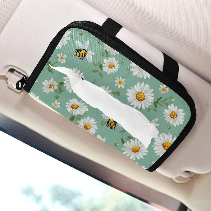 Mint Green Daisy Flowers and Bees Car Tissue Holder Durable Napkin Holder Hanging Tissue Holders Case Car Tissues Bag for Sun Visor Seat Back Universal Auto