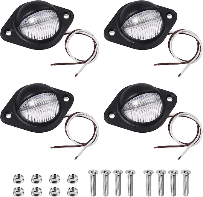 Justech 4 PCS 3 LED Round License Plate Light, 12V-24V IP65 Waterproof Tag Lights Lamp, Universal Number Plate Lights with 8 Screws for Trailers, Trucks, Vans, RVs, Caravans, Lorries - Black