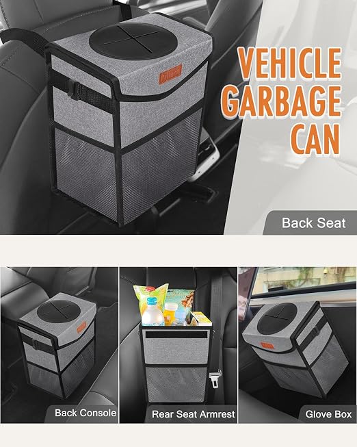 Pritent Car Trash Can with Lid, Cute Leakproof Car Trash Garbage Bag Hanging Vehicle Trash Bin Small Portable Automotive Garbage Cans Organizer for Back/Front Seat/Console(2.8 Gallons,Grey)