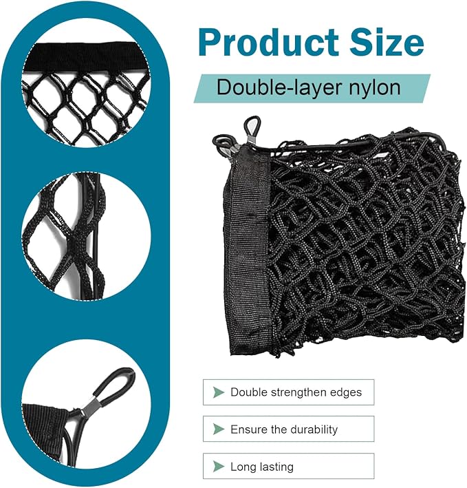 Cargo Net Stretchable, Dual-Layer Nylon Trunk Storage Net with Hook, 35.43inch x15.75 Inch Adjustable Elastic Organizer Net, Suitable For Cars, Sedans, SUVs and Trucks (Black)