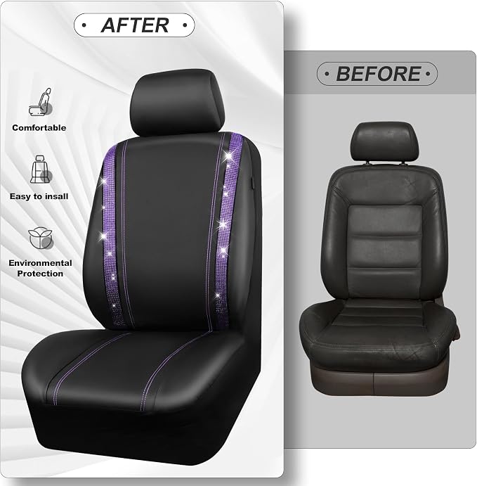 CAR PASS Leather Diamond Bling Car Seat Cover 2 Front Interior Sets, Waterproof Universal Shining Glitter Crystal Sparkle Fit for 95% Automotive Truck SUV Cute Women Girl, Black Purple Rhinestone