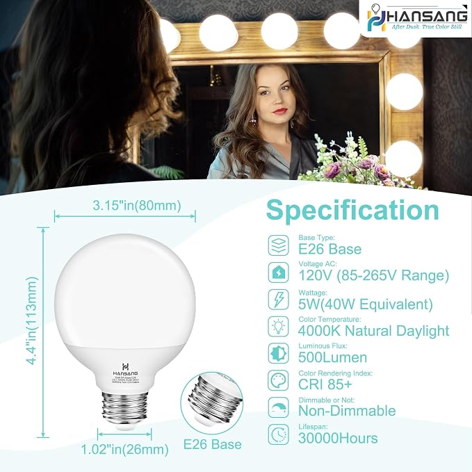 8 Pack Bathroom Light Bulbs, 4000K Natural Daylight LED Globe Light Bulbs,5W 40W Equivalent, E26 Base, G25 Vanity Light Bulb for Bathroom Makeup Mirror, 120V, CRI85+, 500LM, Non-dimmable