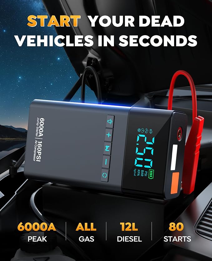 Car Battery Jump Starter with Air Compressor 6000A 160PSI, Car Jumper Starter Portable (All Gas/12L Diesel), 12V Jump Box Car Battery with Auto-Shutoff Tire Inflator, Jumper Cables and Light