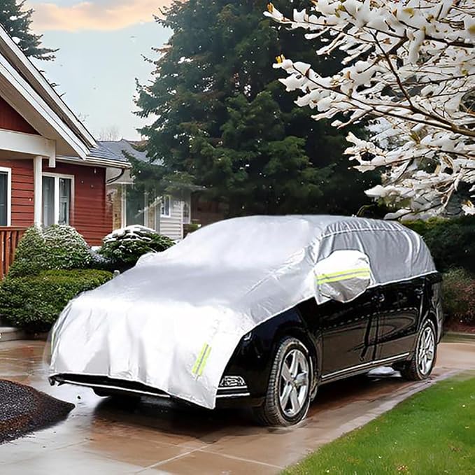 Half Car Cover with Cotton All Weather Car Body Covers Outdoor Indoor for All Season Waterproof Dustproof UV Resistant Snowproof Universal (Fit MPV/SUV Length 184'' to 195''), Silver