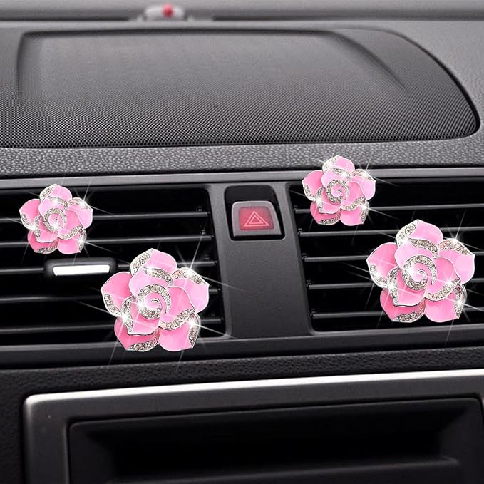 Osilly Bling Car Air Vent Clips, 4PCS/2Set Flower Rhinestone Vehicle Air Outlet Clamp, Sparkly Diamond Automotive Interior Vent Clip Charm Decor Accessories, Universal for SUV Truck RV (Pink)