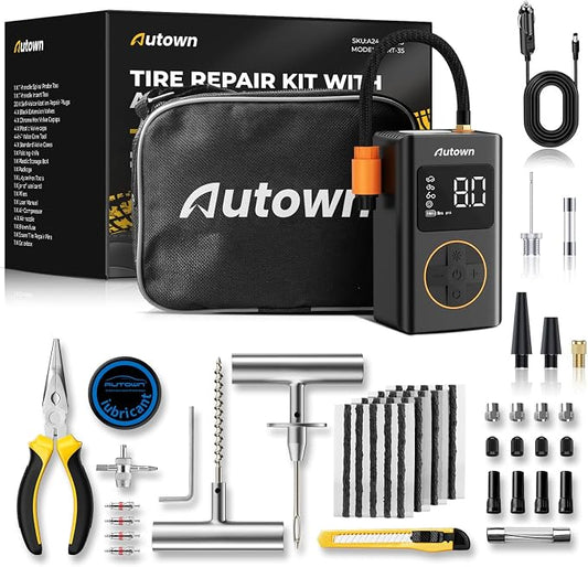 AUTOWN Flat Tire Repair Kit with Air Compressor 54 Pieces for Car, Motorcycle, ATV, Jeep, Truck, Tractor Flat Tire Repair (54PCS)
