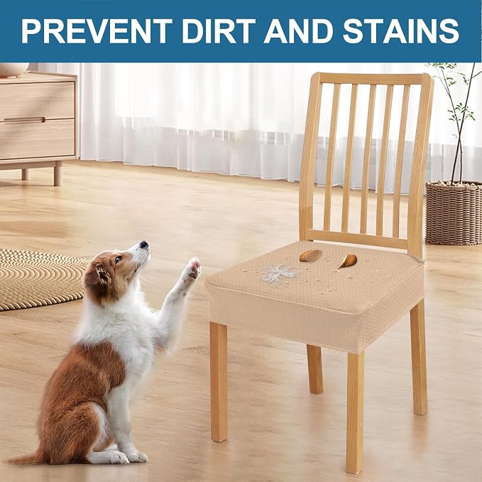Smiry Waterproof Seat Covers for Dining Room Chairs Set of 2, Stretch Jacquard Removable Washable Chair Seat Slipcovers Protector, No Rear Covers, Khaki