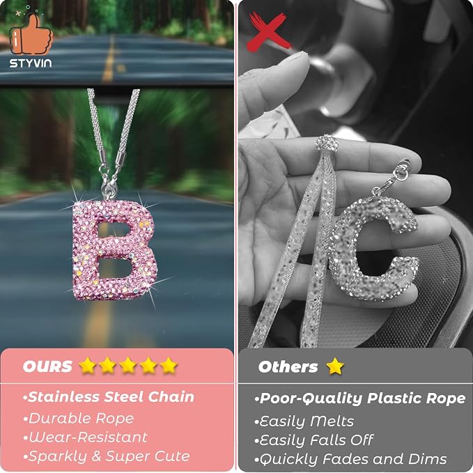 Bling Pink Car Accessories for Women Letter Charm, Rainbow Color Rear View Mirror Cute Crystal Pendant Car Decorations, Lucky Gifts Diamond Rhinestone Charm Letter B