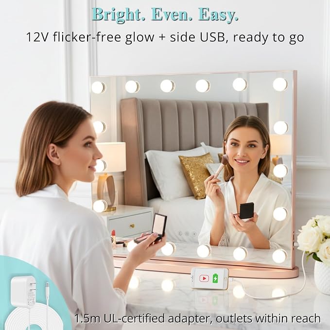 LUXFURNI Vanity Mirror with Lights, 23.6" Hollywood Makeup Mirror Rose Gold | 18 Surround LED Bulbs, 360° Shadow-Free Lighting, 3 Color Modes, USB Charging, Tabletop & Wall Mount for Bedroom Dorm Desk