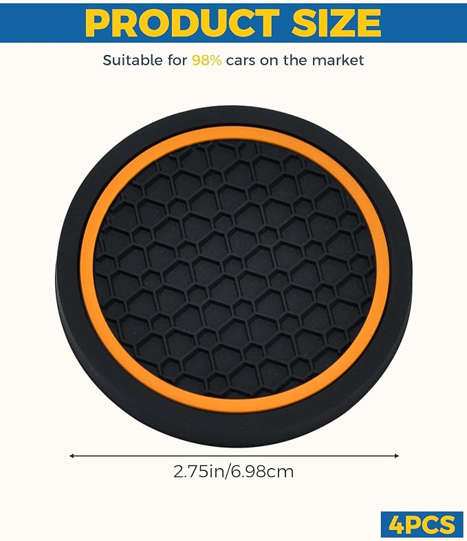4PCS Car Coasters, Car Accessories Interior, 2.75 Inch Non-Slip Cup Holder Coasters, Black&Orange