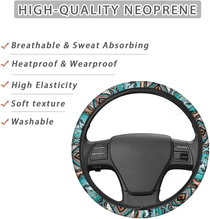 Wanyint Car Steering Wheel Cover for Women Men, Soft Neoprene Stretchy Anti-Slip 15 Inch Steering Wheel Protector Universal Auto Decor, Aztec Geometric Horse Turquoise