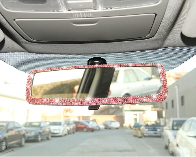 Car Bling Rearview Mirror, Rhinestones Crystal Diamonds Rear View Mirrors with HD Glass, Universal Clip-on Rear View Mirrors for Cars, Vehicles, SUVs, Car Accessories for Women Girls (Red)