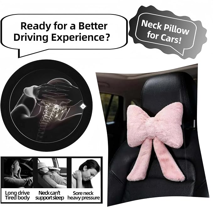 Car Neck Pillow 2PCS Plush Bowknot Car Headrest Pillow – Comfortable Neck Support for Driving Soft Touch Fabric Car Pillow Cute Interior Decor (Pink)