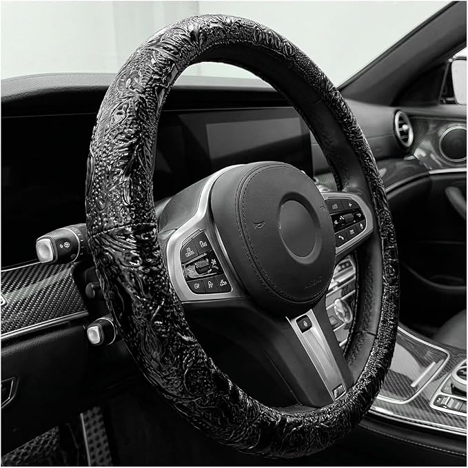 Leather Car Steering Wheel Cover, 15 Inch Anti-Slip Crocodile Pattern Steering Wheel Wrap with Rose Grain, Comfortable Grip Wheels Protector for Cars SUVs Trucks, Car Accessories (Black)