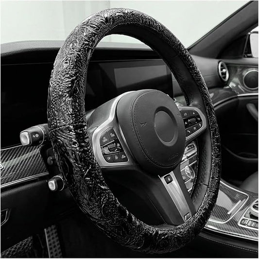 Leather Car Steering Wheel Cover, 15 Inch Anti-Slip Crocodile Pattern Steering Wheel Wrap with Rose Grain, Comfortable Grip Wheels Protector for Cars SUVs Trucks, Car Accessories (Black)