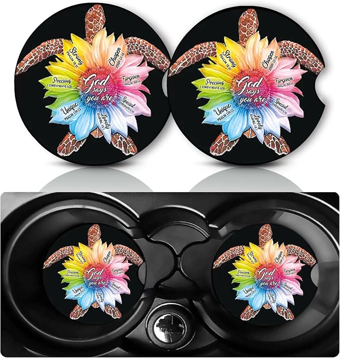 2 Pack Sunflower Turtle Car Cup Holder Coasters Neoprene Anti Slip Mat | Sunflower Turtles Car Accessories Decor 2.75" Universal Size Insert Auto Coasters Turtle Gifts for Women Men