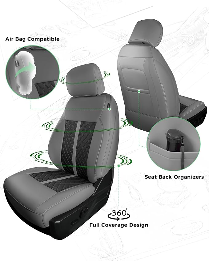 for Ford F150 Leather Seat Covers, SuperCrew XL XLT 2021-2026, F250 F350 F450 Super Duty Crew Cab 2023-2026, Custom Truck Seat Cover Full Set, Pickup Accessories, Gray Black (Bucket Seat)