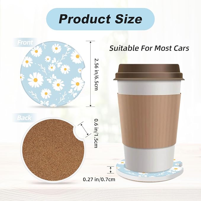 Blue Daisy Flower Car Coasters for Cup Holders,2 Pack Car Cup Holder Coasters for Car,Ceramic Absorbent Car Coaster with A Finger Notch and Cork Base,Car Interior Accessories for Women Men