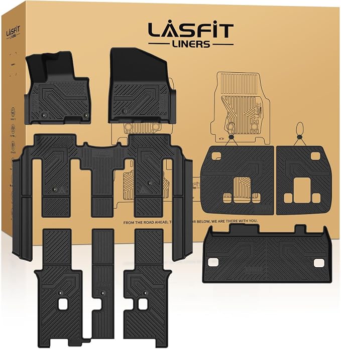 LASFIT Floor Mats & Backrest Mats & Cargo Mat for Kia Carnival Hybrid 8-Seat 2026 2025 (Not Fit Gas), All Weather TPE Custom Fit Floor Liners with Car Trunk Mat, Full Set Accessories, Black