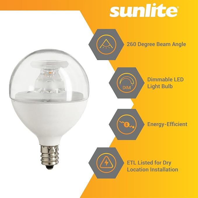Sunlite G16.5 Light Bulb LED, 7 Watts (60W Equiv.), 500 Lumens, Dimmable, Type G Globe Shape E12 Candelabra Base, Short Bulbs, Vanity Mirror Bulbs, 2700K Soft White, Clear, 6 Count