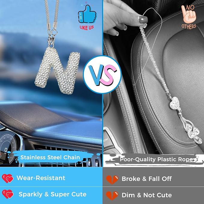 Bling Car Accessories for Women Letter Charm, Rear View Mirror Ornament Cute Hanging Crystal Pendant Girl Car Decorations, Lucky Diamond Rhinestone Girly Charm Interior (White N)