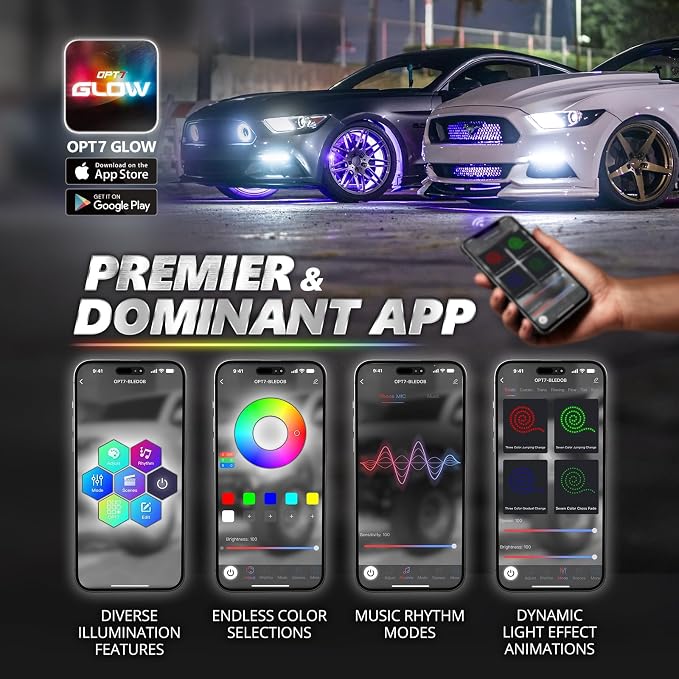 OPT7 Aura Pro RGB Wheel Well Lights for Cars with APP & Remote Control | Music Sync Lighting, 4PCS 24" Waterproof LED Strips, Multicolor Wheel Ring Accent Lights, Car Meet Accessories, 12V