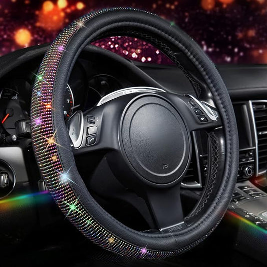 CAR PASS Bling Diamond Leather Steering Wheel Cover, with Bling Sparkly Crystal Glitter Rhinestones Universal Fit 13"1/2-14" Car Wheel Protector for Women Girl Fit Suvs,Vans,Sedans,Trucks, Multicolor