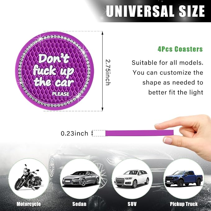 Ziciner 4 Pack Bling Car Cup Holder Coaster, 2.75 Inch Anti-Slip Auto Insert Cup Coaster, Crystal Car Drink Cup Mat Perfect for Women Girls, Universal Interior Decor Accessories (Purple)