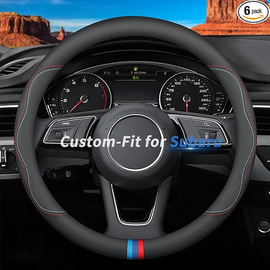 Deer Route Custom-Fit for Subaru Steering Wheel Cover, Premium Leather Car with Logo, Non-Slip, Breathable, Accessories (C-Style, Subaru)
