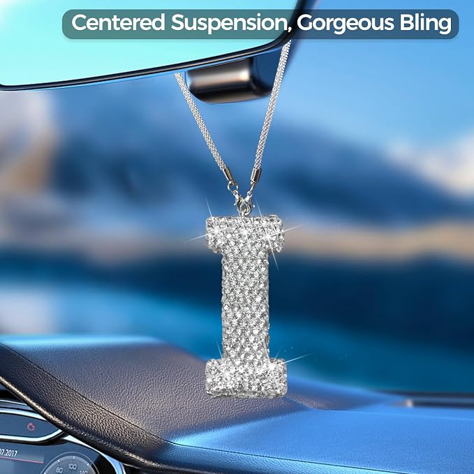 Bling Car Accessories for Women Letter Charm, Rear View Mirror Ornament Cute Hanging Crystal Pendant Girl Car Decorations, Lucky Diamond Rhinestone Girly Charm Interior (White I)