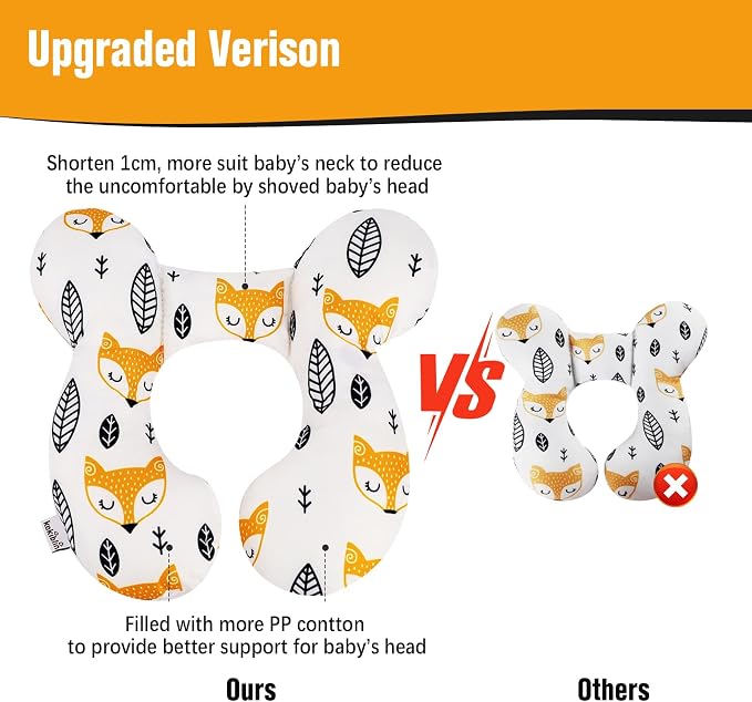 KAKIBLIN Baby Neck Pillow, Upgraded Baby Support Pillow for Head and Neck, Babies Head Pillow for Car Seat, Stroller, Pushchair,Travel(Yellow Fox)