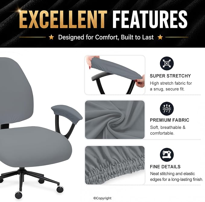 Super Stretchable Separate Office Chair Seat Covers - Universal Spandex Computer Chair Slipcover - Rotating Backrest Coverings & Cushion Protectors & Armrest Covers for Dogs, Cats, Pets, Mid Gray